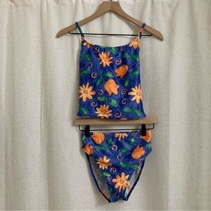 Krista True 90’s Vintage Tankini Blue Orange Floral High Waisted Coverage 8